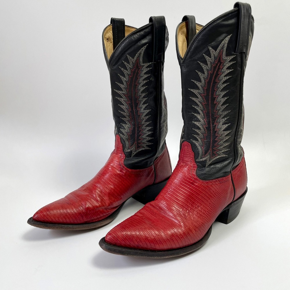 Tony Lama Vintage Firewalker Red Lizard Boots Womens 9 Western Cowboy Black
